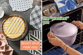 a pie with a powdered sugar design on it next to three pie stencils with text: dessert decor made easy / hands taking a lavender pot out of an oven with text: the ~prettiest~ pot