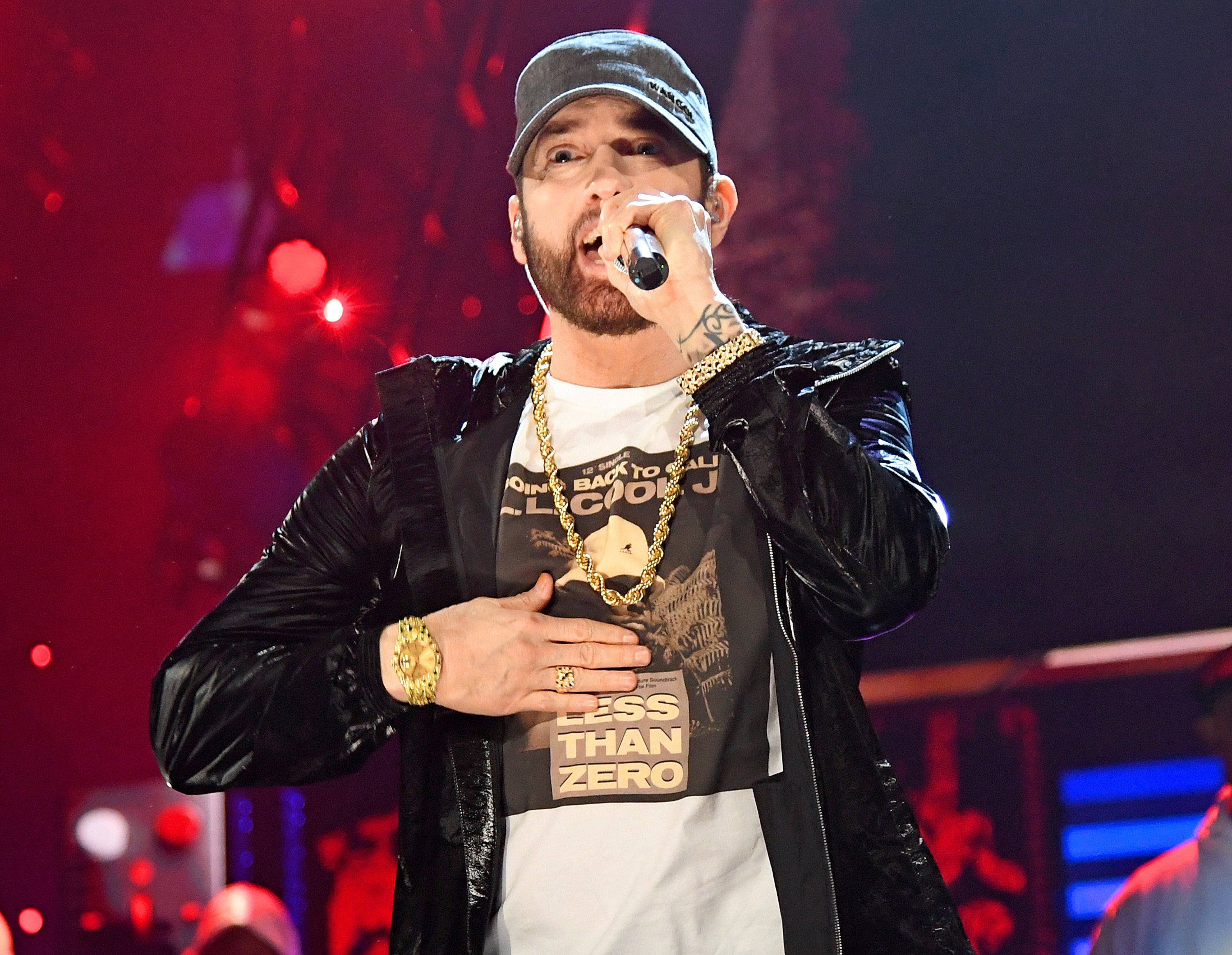 A closeup of Eminem performing