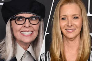 Diane Keaton wears a beige button-up shirt with a black blazer and matching hat. Lisa Kudrow wears a black and white striped shirt.