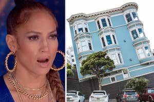 gasping J-LO next to a tilted house