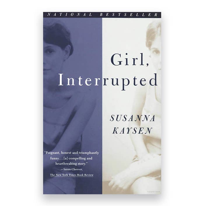 The book cover for &quot;Girl, Interrupted&quot; by Susanna Kaysen. A portrait of a woman, cut in half. One side is in a purple tone, the other in a white tone.
