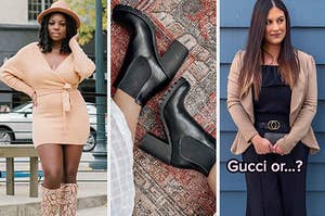 reviewer wearing a tan sweater dress / reviewer wearing chunky black ankle boots / reviewer wearing a gucci-inspired belt with a black and tan outfit with text: gucci or...?