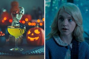 Halloween decorations are on the left with Luna Lovegood on the right