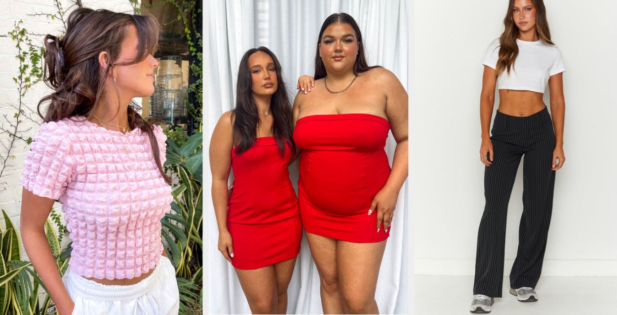 Three images of models wearing a pink shirt, red dresses, and striped pants