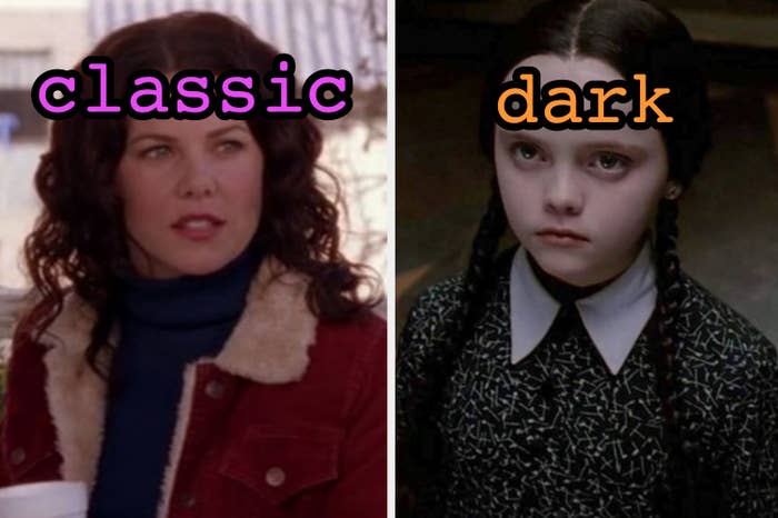 On the left, Lorelai Gilmore wearing a coat with a lined while holding a coffee cup labeled classic, and on the right, Wednesday Addams looking up labeled dark