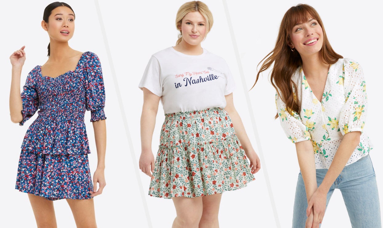 Three images of models wearing floral skirts and tops