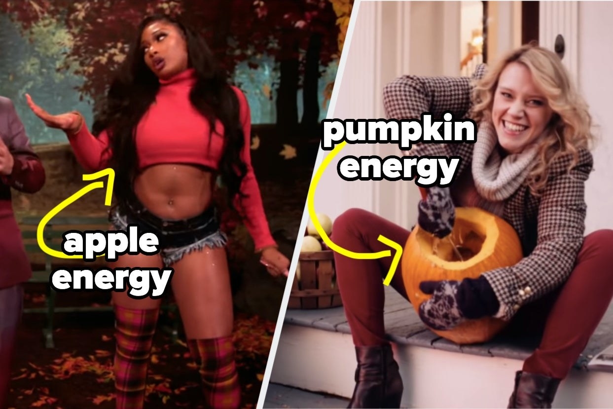 On the left, Megan Thee Stallion dancing in the &quot;Hot Girl Fall&quot; short labeled &quot;apple energy,&quot; and on the right, Kate McKinnon carving a pumpkin in an &quot;SNL&quot; sketch labeled pumpkin energy