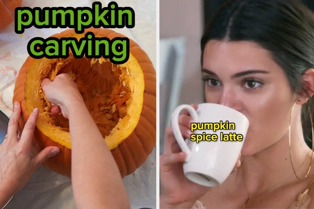 On the left, someone reaching into a pumpkin labeled pumpkin carving, and on the right, Kendall Jenner sipping something out of a mug labeled pumpkin spice latte