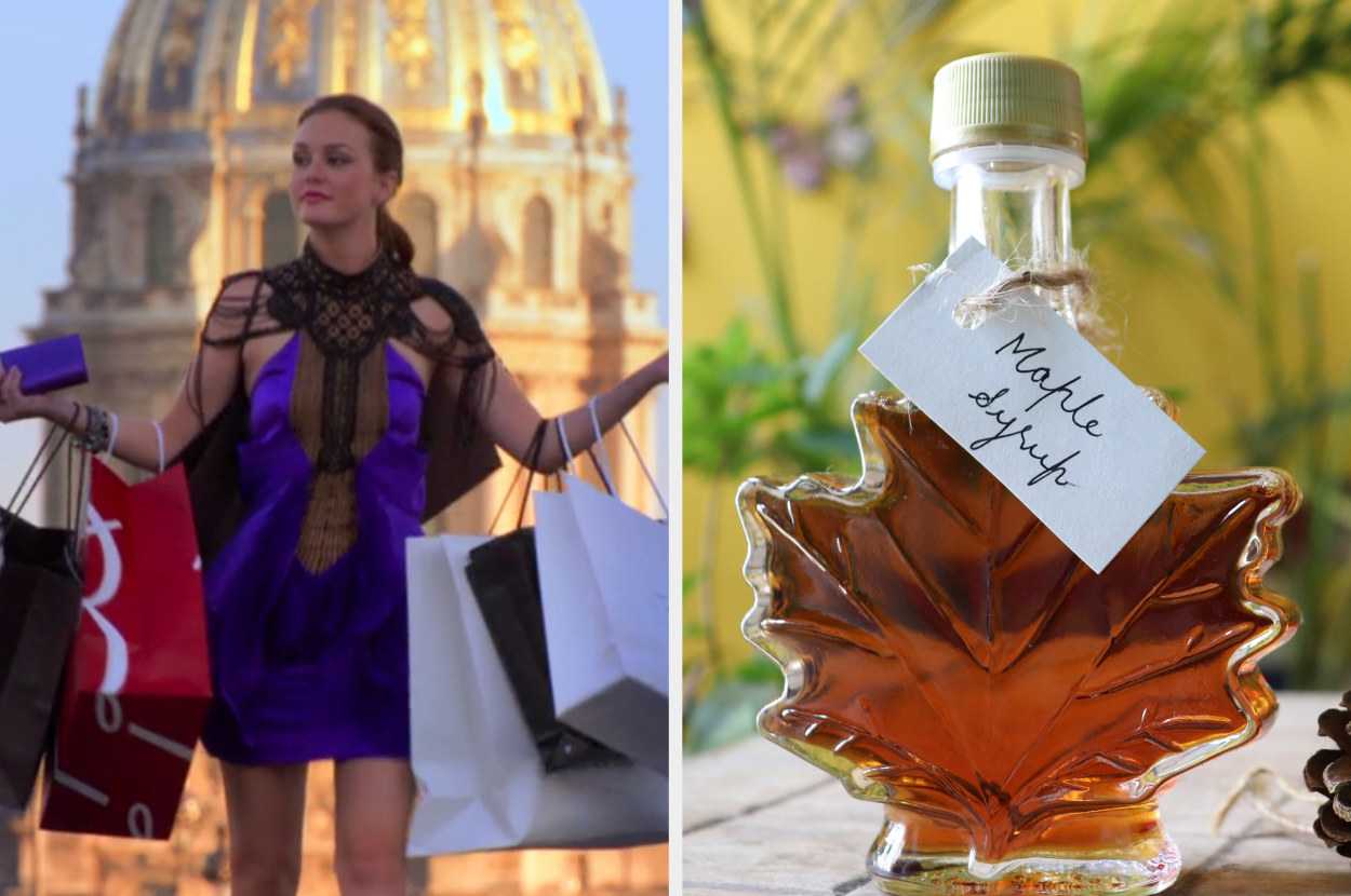 On the left, Blair from &quot;Gossip Girl&quot; walking with shopping bags all over her arms, and on the right, a bottle of maple syrup that&#x27;s shaped like a maple leaf