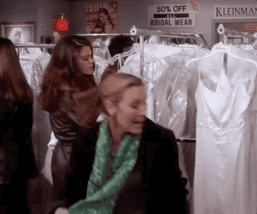 phoebe in a dress store running and saying what do I do