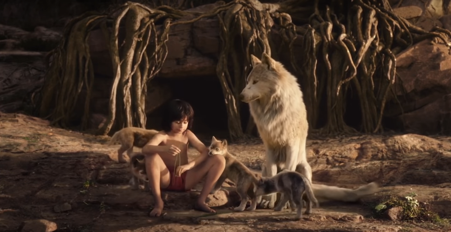 wolves crowding around Mowgli