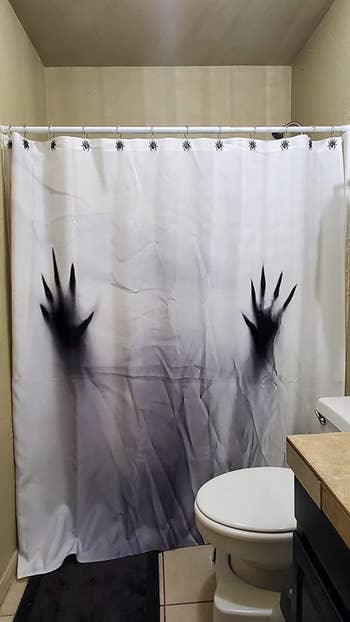 Reviewer's bathroom is shown with the spider shower hooks holding up a scary shower curtain