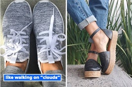 reviewer wearing gray sneakers with text: like walking on ~clouds~ / model wearing black espadrilles