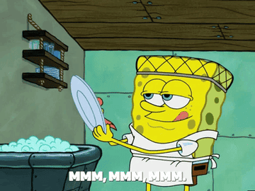 Spongebob Squarepants character is cleaning a plate until it is completely spotless