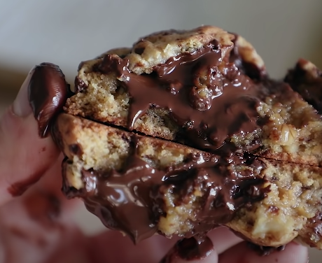 cross section of a very chocolaty, gooey chocolate chip cookie