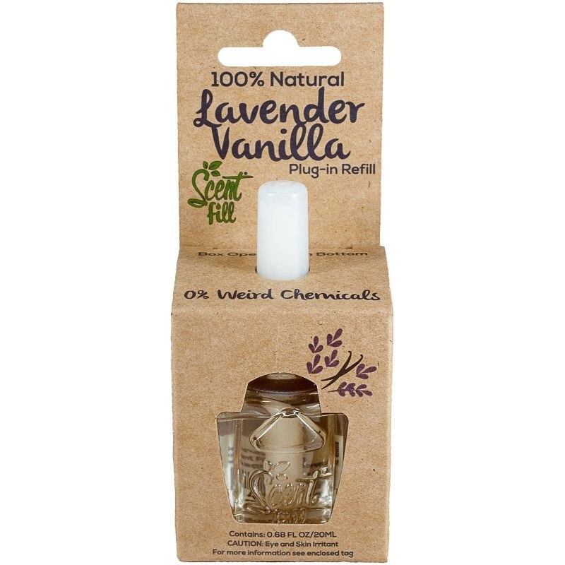 Cardboard packaging for Scent Fill&#x27;s lavendar vanilla scented plug in air freshener