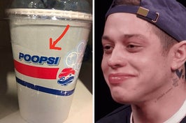 A cup that says Poopsi with a knockoff Pepsi logo next to Pete Davidson trying not to laugh