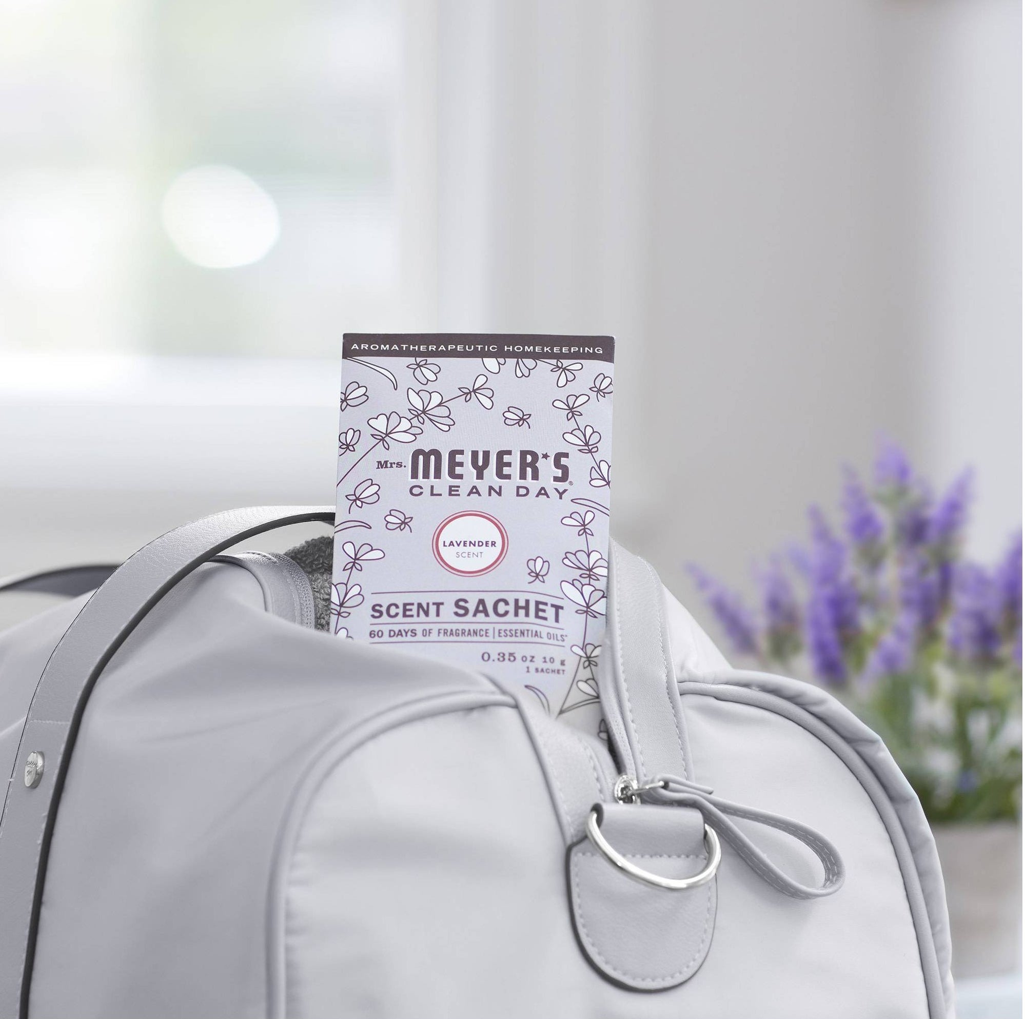 Mrs. Meyer&#x27;s laveneder scent sachet in a yellow duffel bag