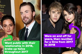 Jenny Slate and Chris Evans are pictured at the "Gifted" premiere, Justin Bieber and Selena Gomez sit together at the ESPY Awards on July 13, 2011