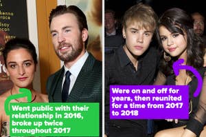 Jenny Slate and Chris Evans are pictured at the "Gifted" premiere, Justin Bieber and Selena Gomez sit together at the ESPY Awards on July 13, 2011