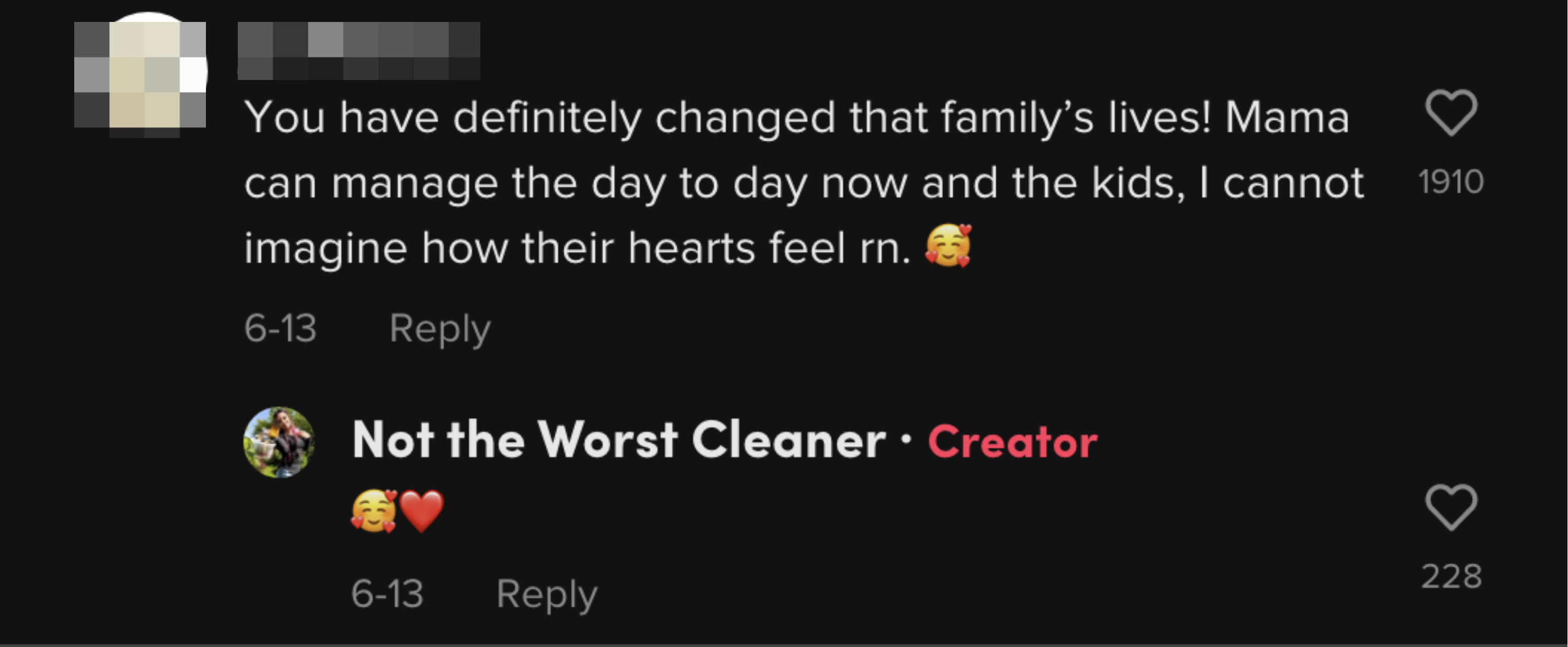 comment on Brogan&#x27;s TikTok that she changed a family&#x27;s lives