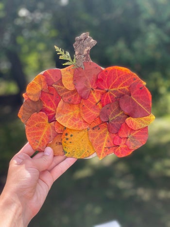 A hand holding a pumpkin shape decorated with real leaves