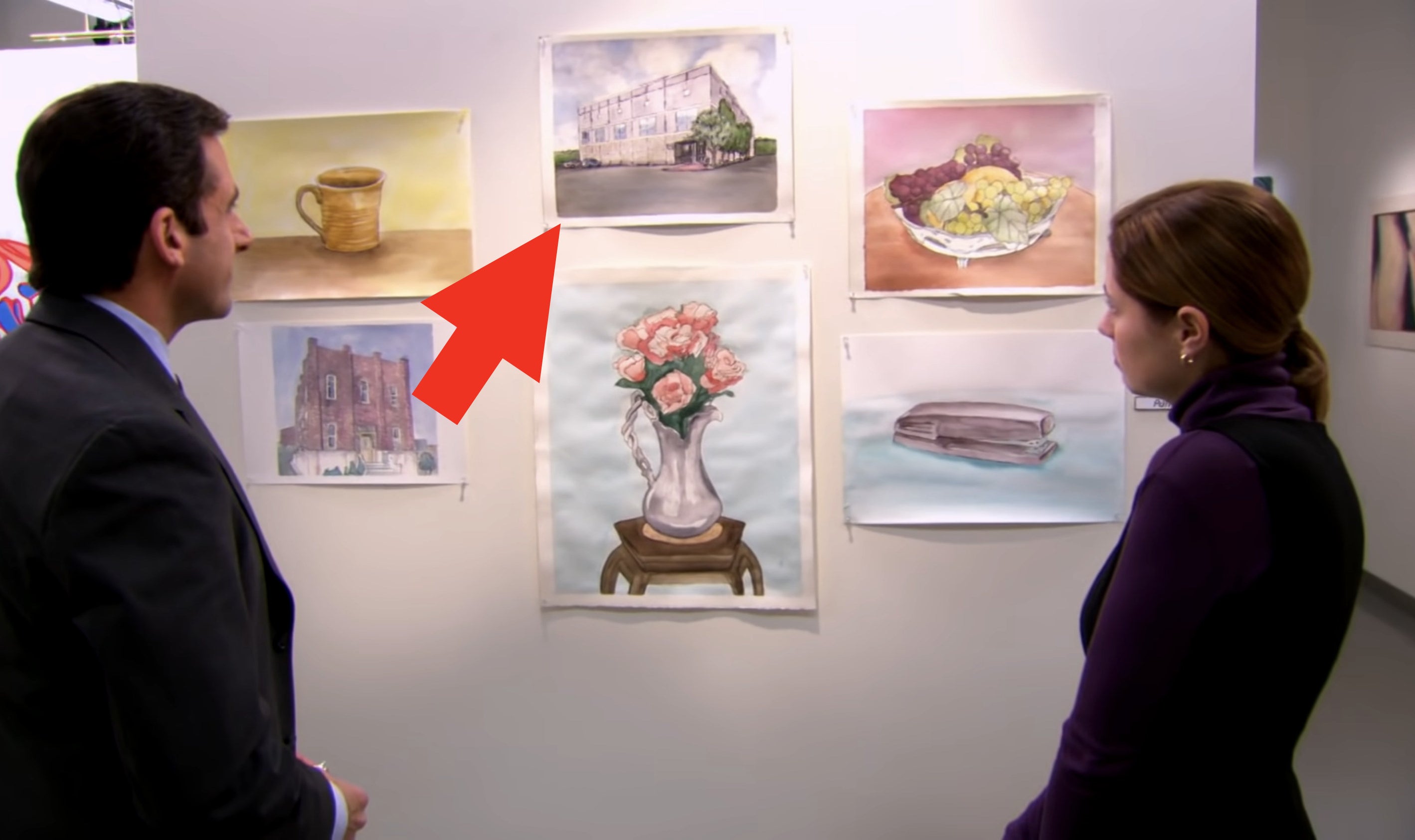 Pam&#x27;s watercolor paintings with an arrow pointing to the one of Dunder Mifflin