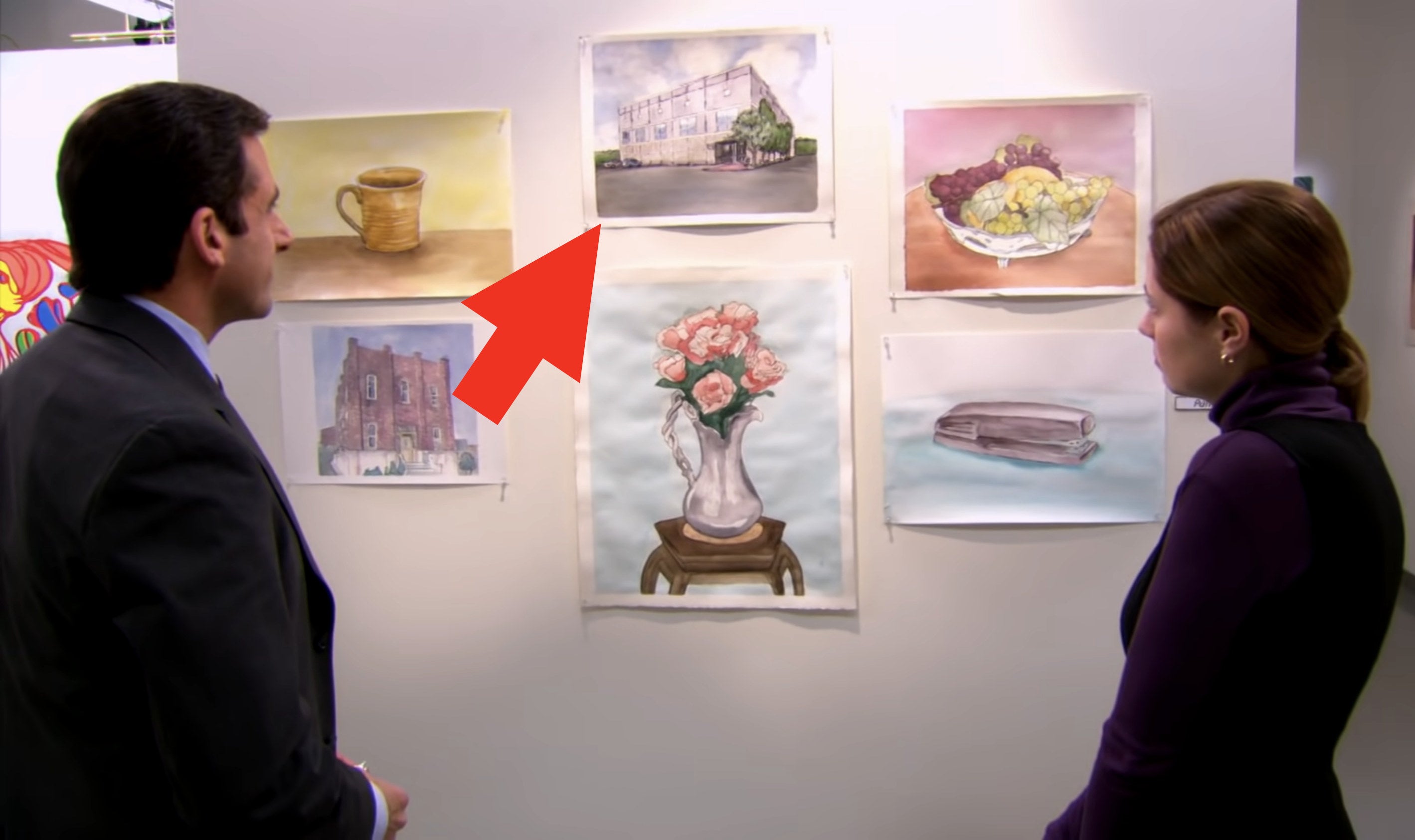Pam&#x27;s watercolor paintings with an arrow pointing to the one of Dunder Mifflin