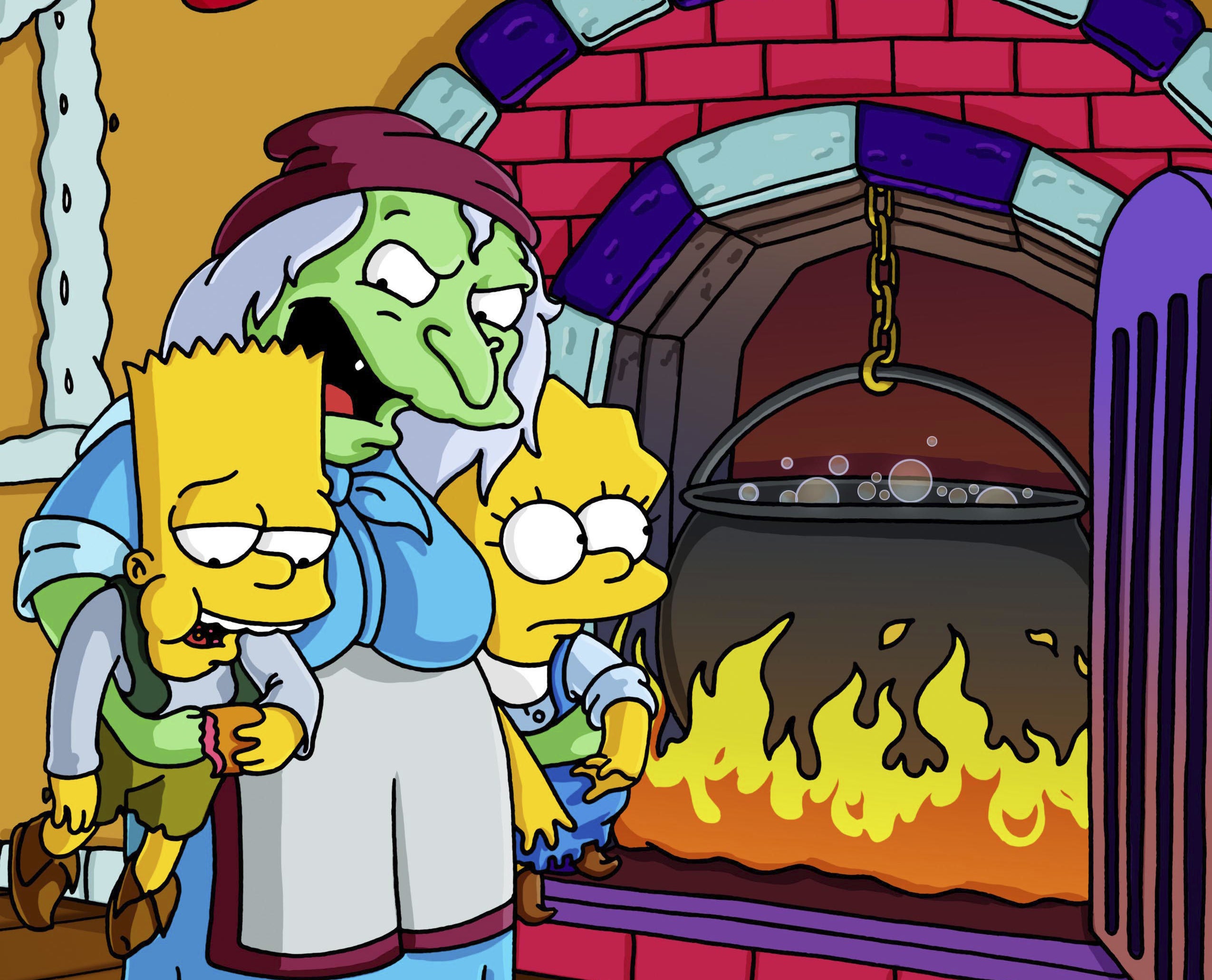 A witch prepares to cook Lisa and Bart Simpson in this promotional art.