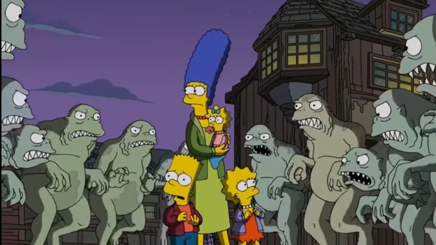 The Simpsons are surrounded by fanged fish people in &quot;Treehouse of Horror XXIX&quot;