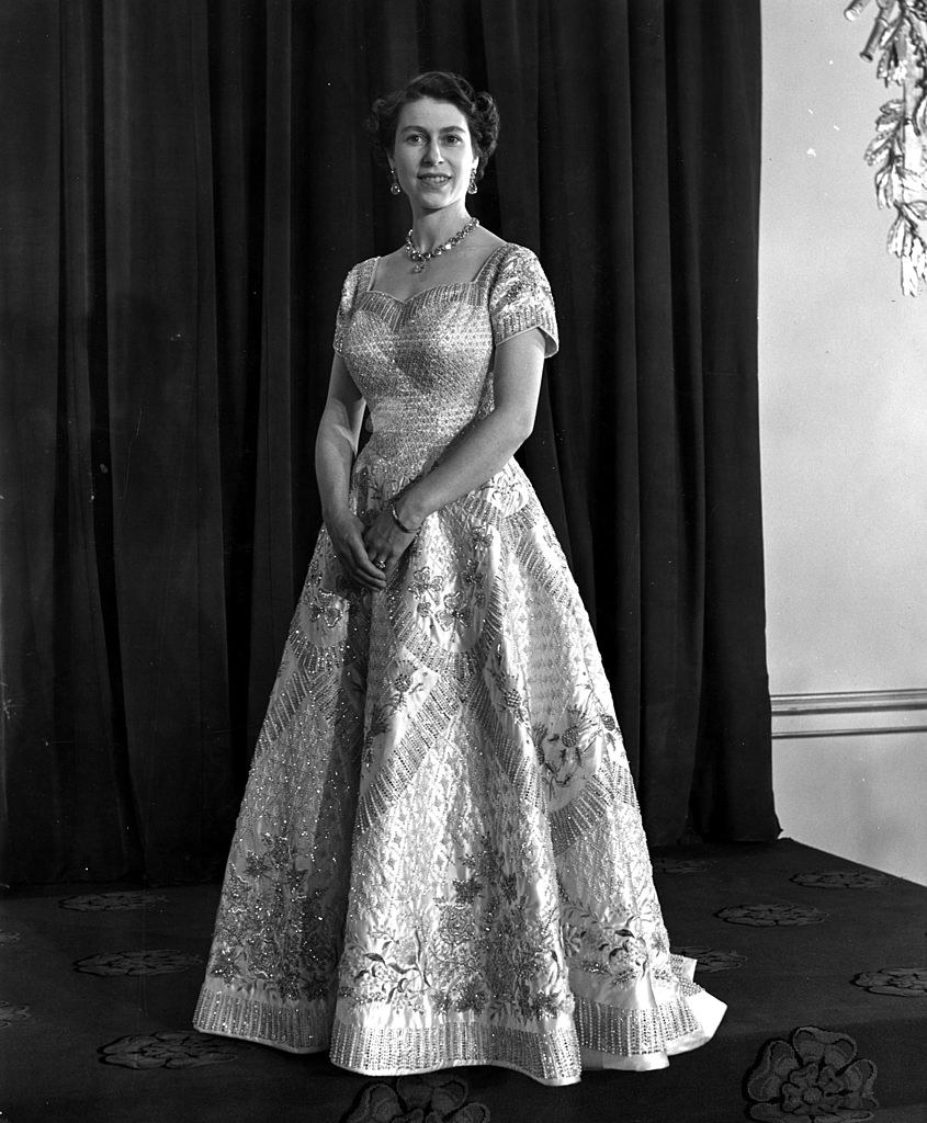 the Queen in a sequined gown