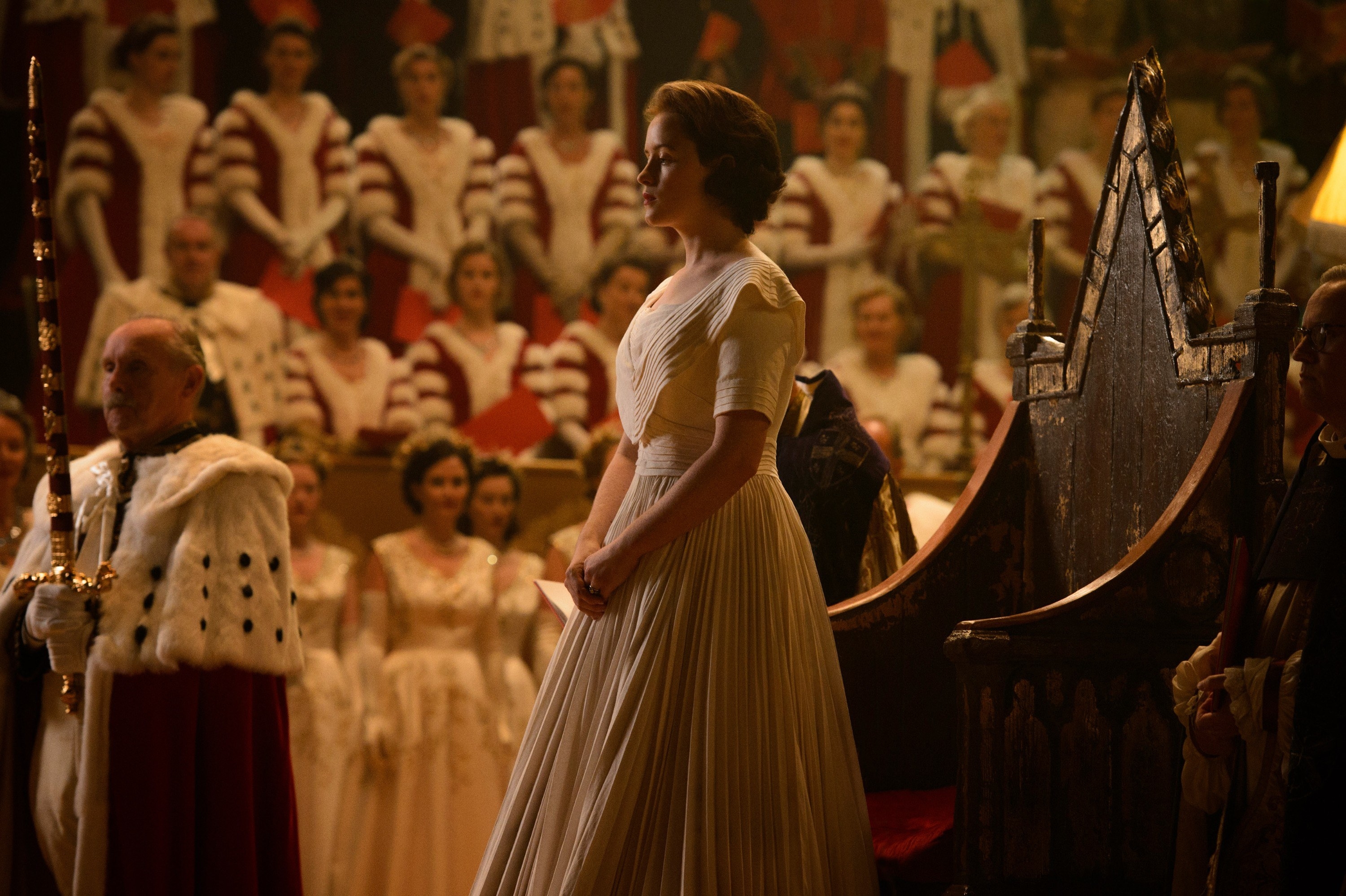 a simpler gown as the Queen gets anointed in &quot;The Crown&quot;