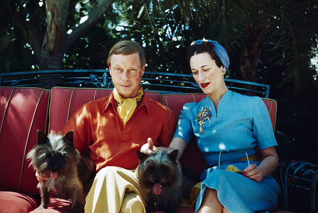 ex-King Edward VIII and Wallis Simpson riding in a carriage with two dogs
