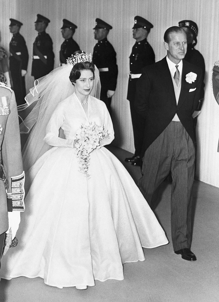 Princess Margaret in simple white, poufy gown