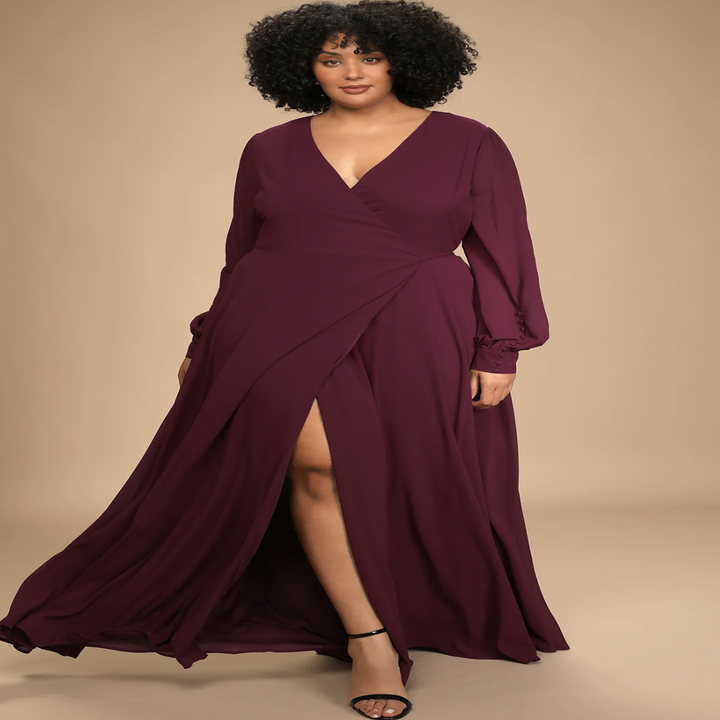model wearing the dress in burgundy