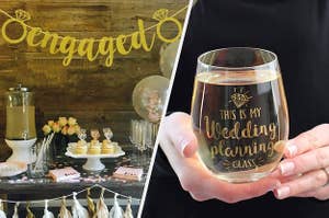 engaged banner and wedding planning glass