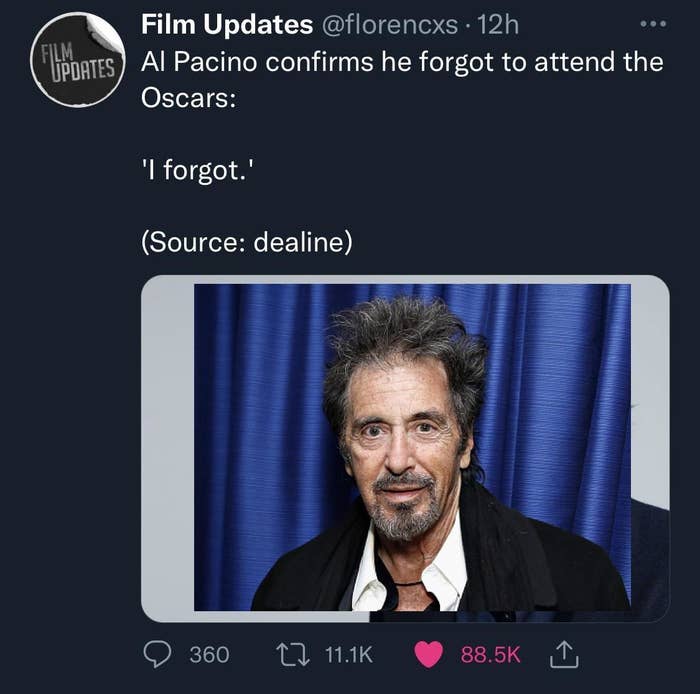 article saying al pacino just forgot to go to oscar