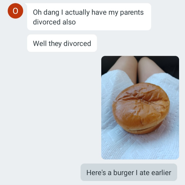 non-sequiter on a dating app of a pic of a burger