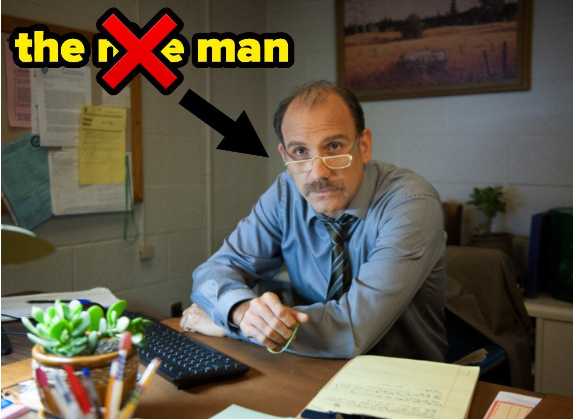 An episode still of the character labelled &quot;the nice man&quot; with the word &quot;nice&quot; crossed out