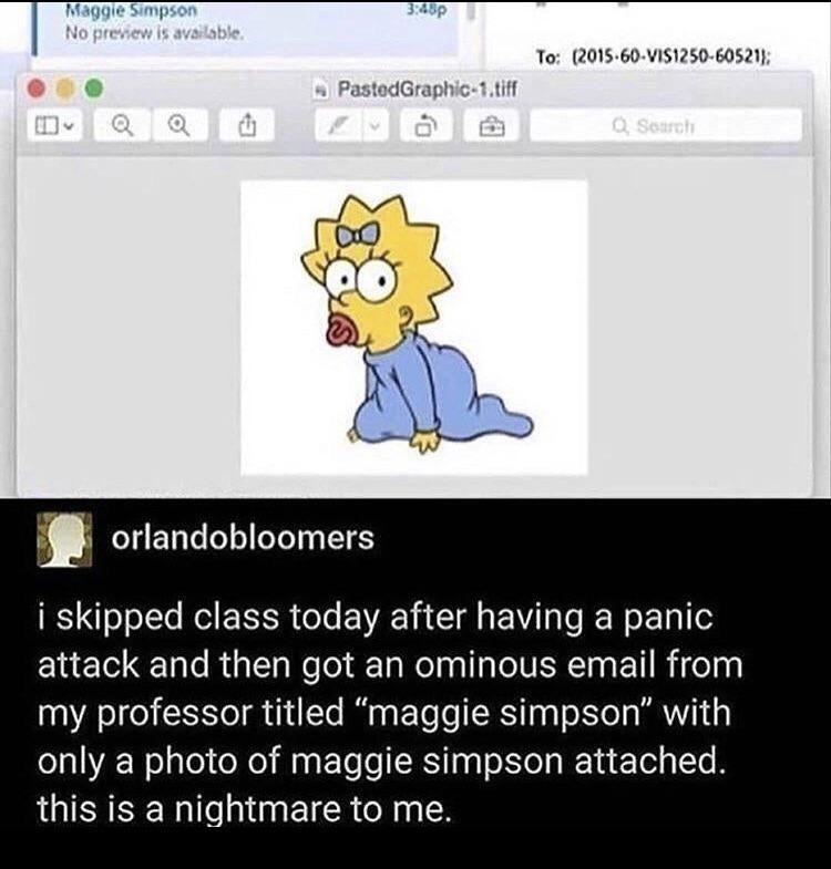 Student who skipped class gets sent a picture of Maggie Simpson by their professor for no reason