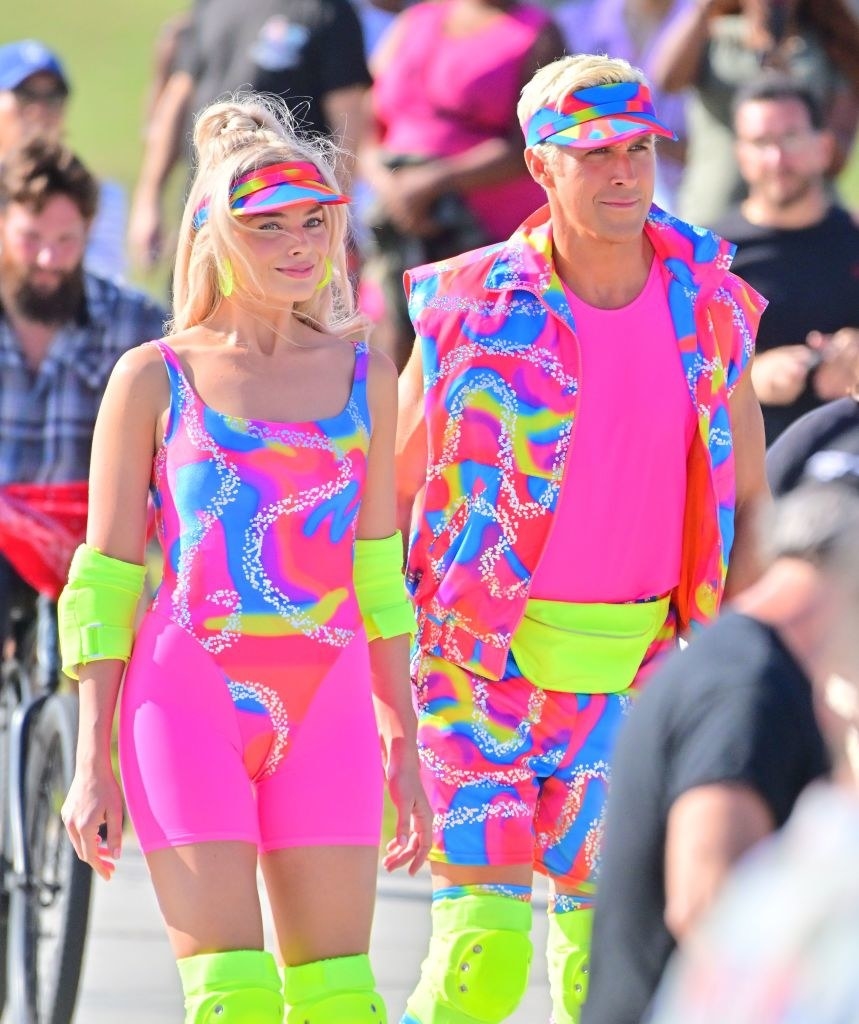 Close up of Margot and Ryan in roller blade gear