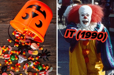 On the left, a plastic bucket painted like a jack-o'-lantern with candy spilling out of it, and on the right, Tim Curry as Pennywise the clown in It