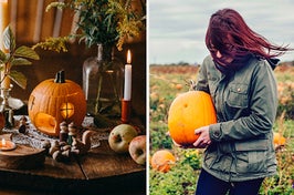 A fall table setting and a woman holds a pumpkin