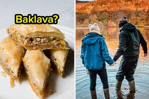 A plate full of Baklava and two people wander into a lake