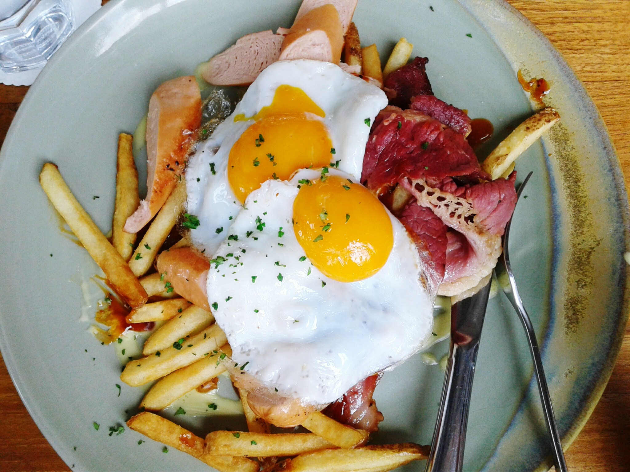 French fries and eggs.