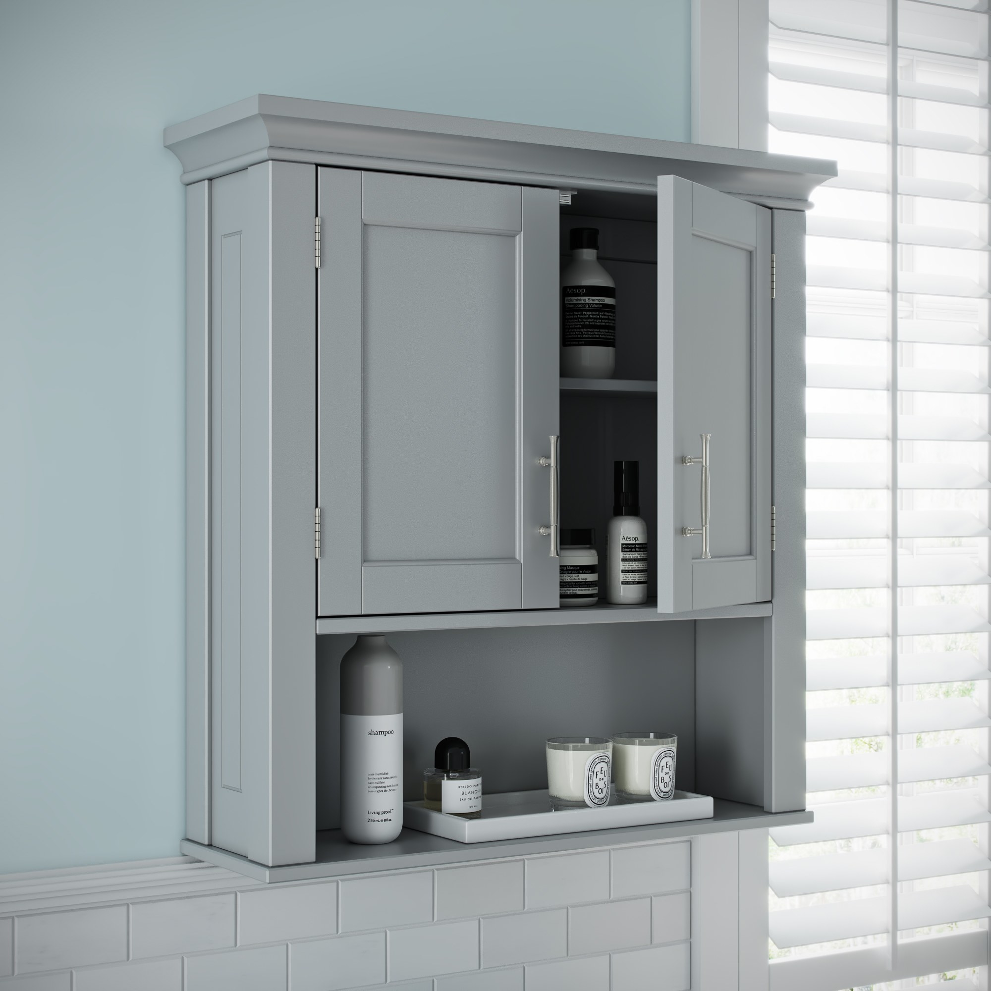 Gray bathroom cabinet hanging on the wall