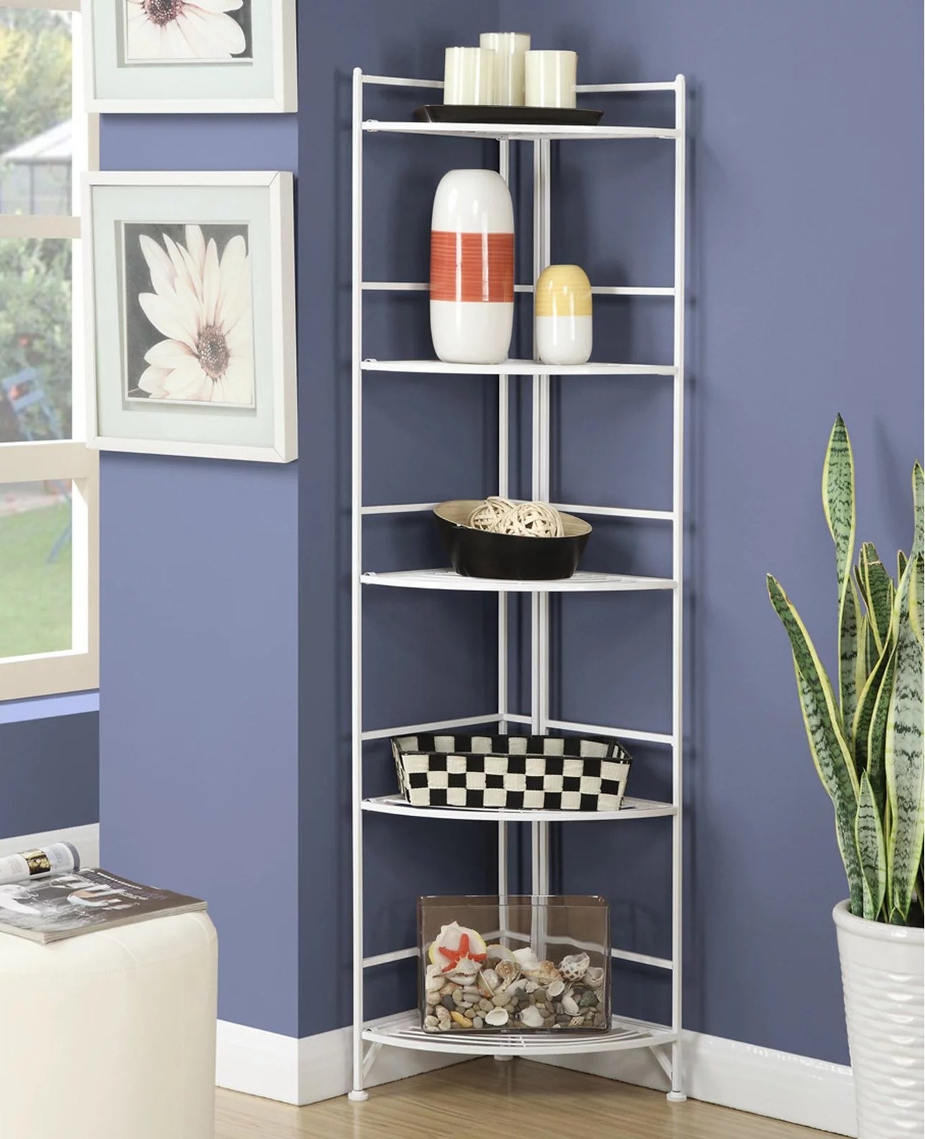 White corner shelf with decor
