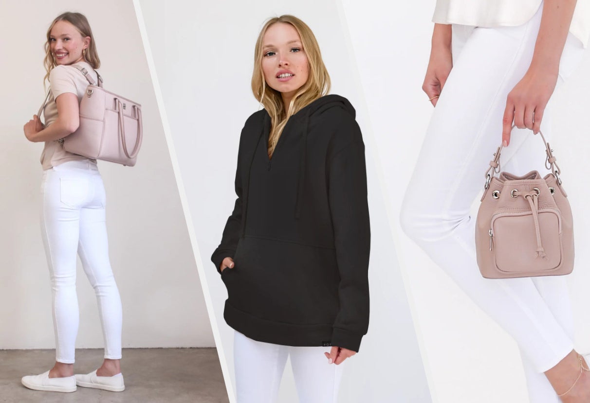 Three images of a model carrying pink bags and wearing a black hoodie