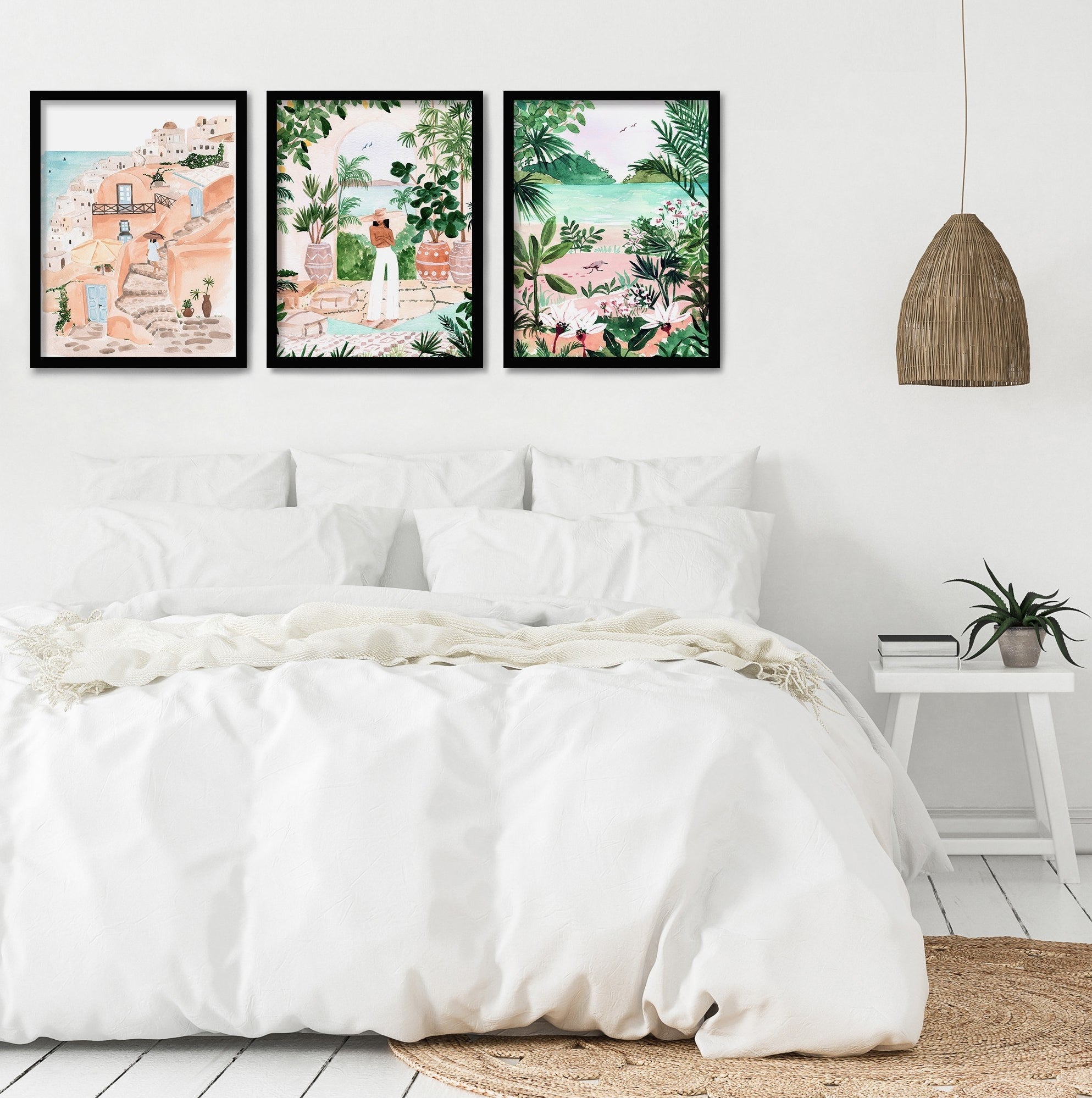 the three tropical paintings above a bed