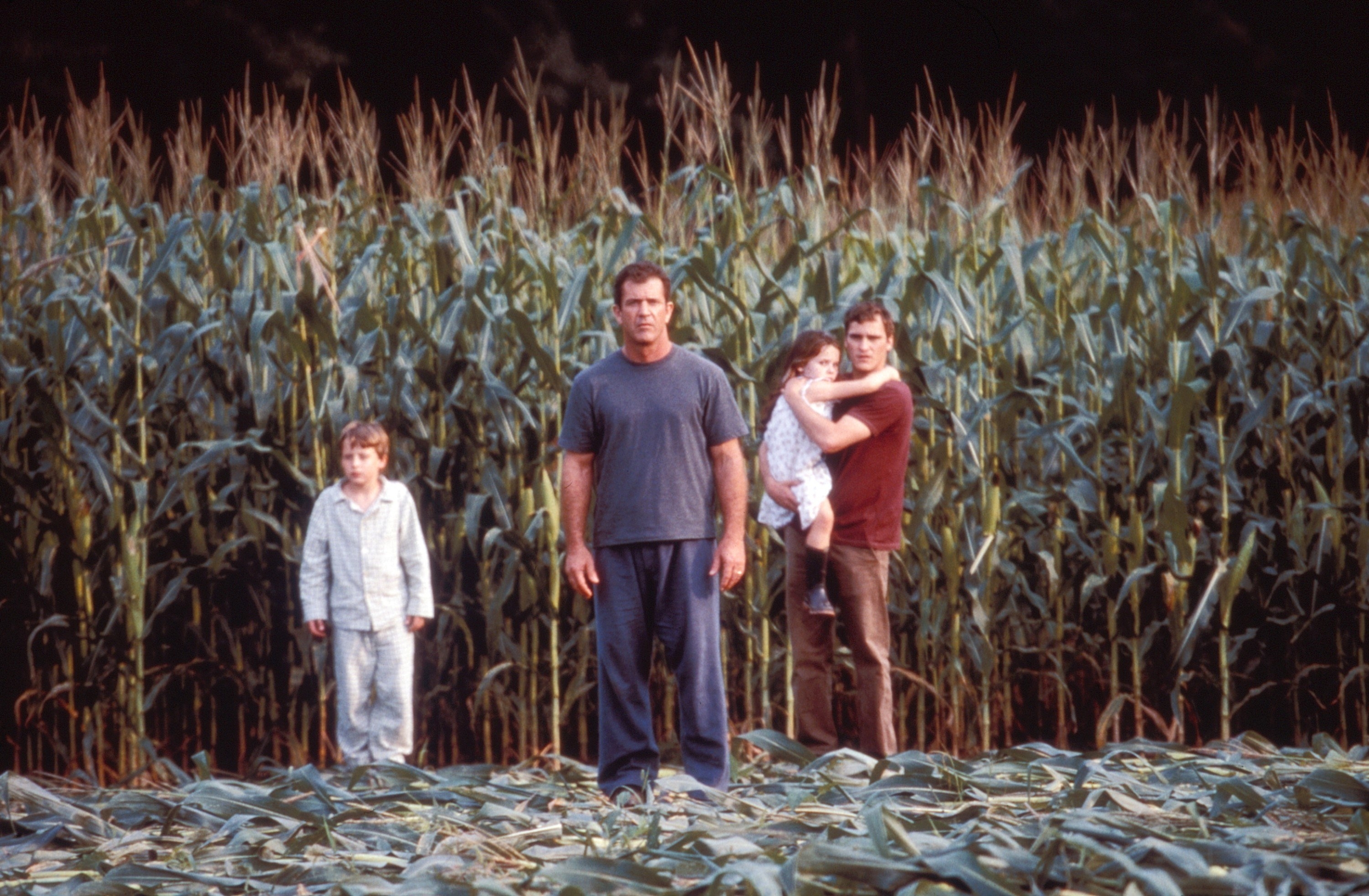 Rory Culkin, Mel Gibson, Abigail Breslin, and Joaquin Phoenix look at a crop circle in a field of corn